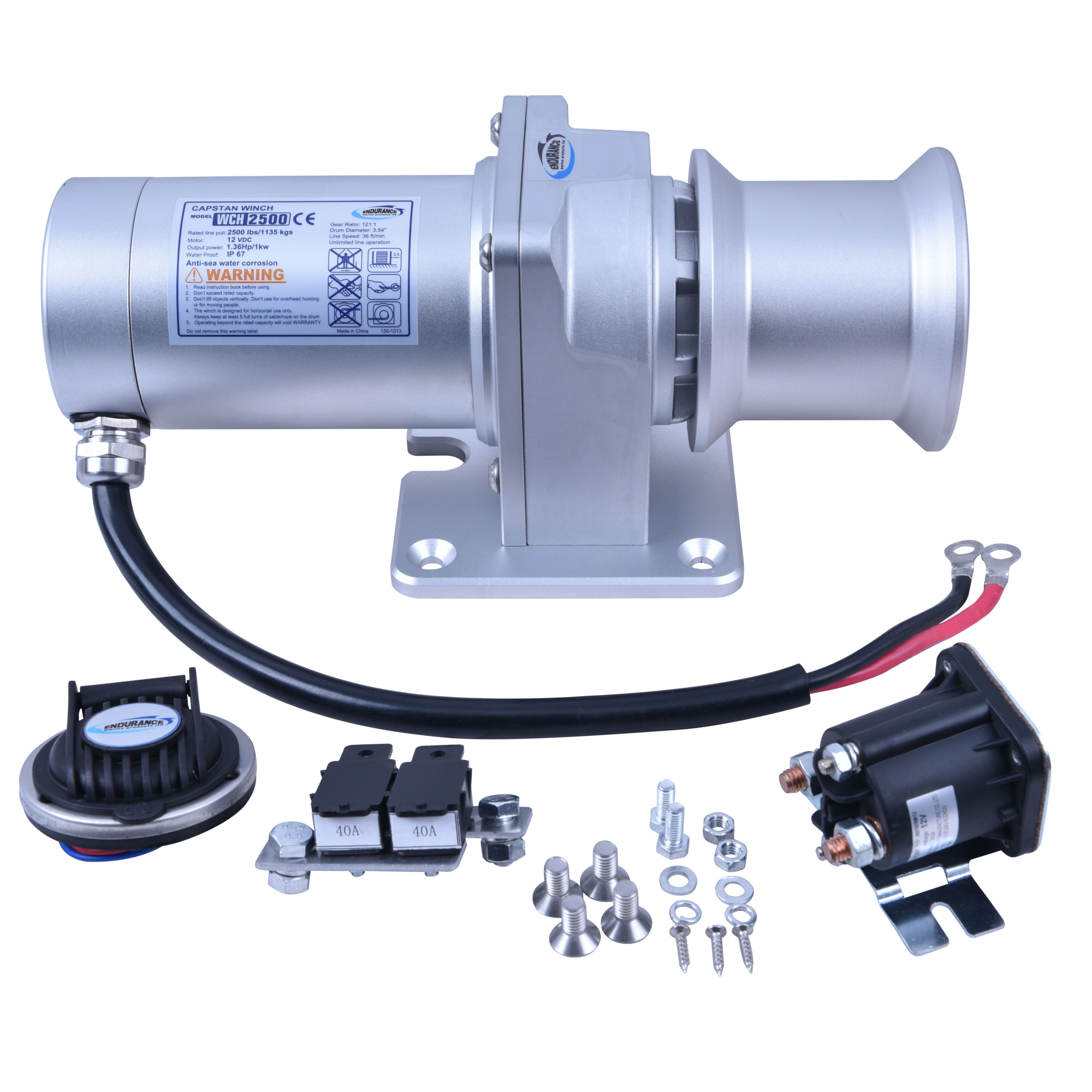 Endurance Marine, Capstan Windlass, Capacity (Line Pull) 2500 lb, Volts 12 Max. Amps 260 Model# WCH2500